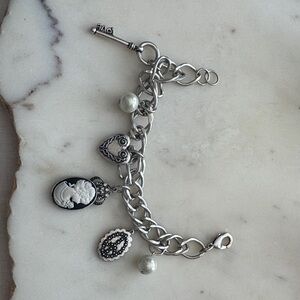 Nostalgic Silver Charm Bracelet with pearls, heart, key, peace symbol, & Cameo